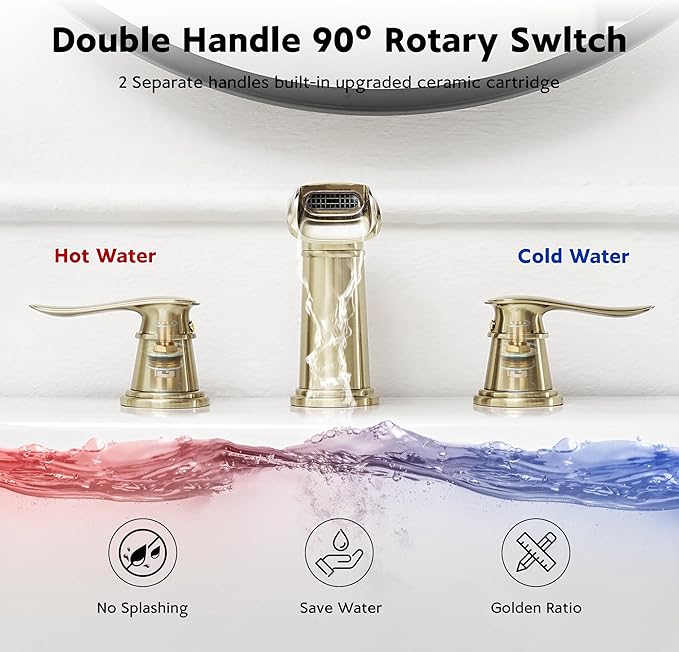 BWE Waterfall Bathroom Faucet, Brushed Gold 8 Inch Widespread Bathroom Sink Faucet Two-Handle with Pop-up Drain, for Vanity, Lavatory Sink