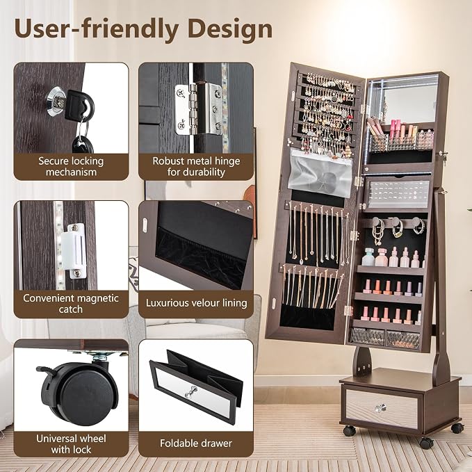 GOFLAME Standing Jewelry Cabinet Armoire with Wheels, Lockable Jewelry Storage Organizer with Full Length Mirror, 3-Color LED Lights, Interior Makeup Mirror, Jewelry Armoire for Bedroom (Brown)