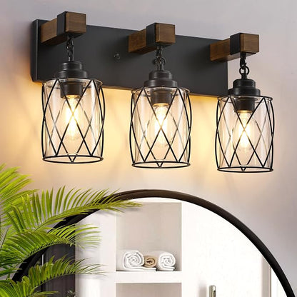 Bathroom Light Fixtures,Farmhouse Black Metal with Glass Shade | 3 Light Rustic Vanity Lights, Wood Accent Wire Cage Design, Mounts Over Mirror, Ideal for Bedroom & Hallway,Easy to Install