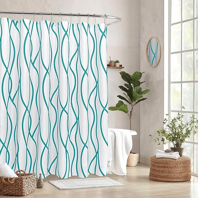 Fabric Modern Extra Long Shower Curtains for Bathroom-Turquoise and White | 72"W x 84"L Textured Faux Linen Luxury Hotel Quality Washable-Abstract Wavy Cloth Bath Curtain-Apartment Minimalist Decor