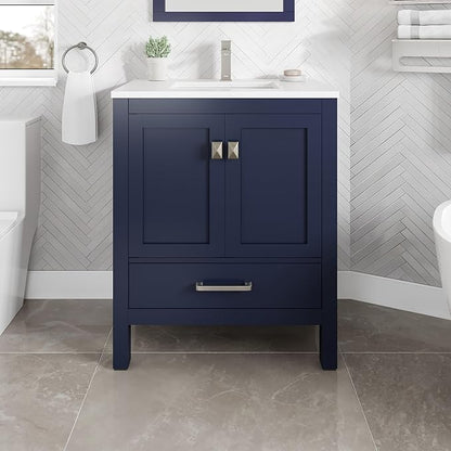 Eviva London 30 in. Blue Single Sink Bath Vanity with Carrara Quartz Top and Undermount Porcelain Sink