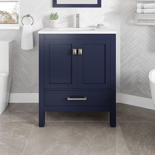 Eviva London 30 in. Blue Single Sink Bath Vanity with Carrara Quartz Top and Undermount Porcelain Sink
