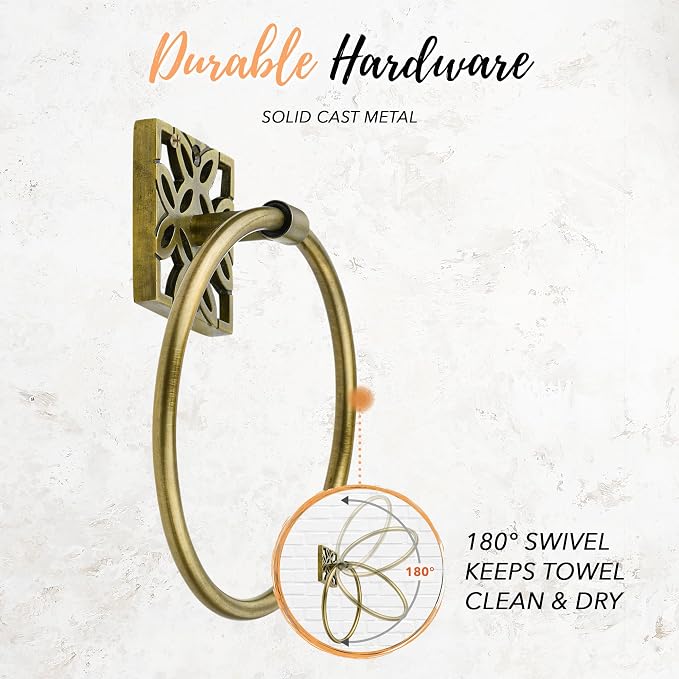 Autumn Alley 5 PC Vintage Brass Bathroom Accessories Set, Wall Mounted – Towel Racks for Bathroom, Bathroom Accessories, Bathroom Hardware Set, Brass Toilet Paper Holder, Towel Ring, Towel Hook