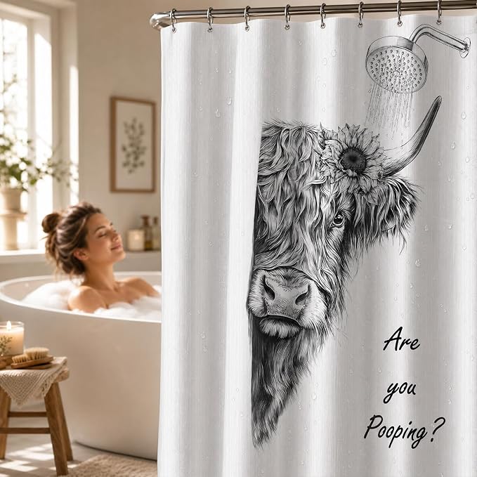 Funny Cow Shower Curtain, Fun Highland Cow Farmhouse Bath Curtain | 72x72 Inches, Waterproof Polyester Fabric, Cute Western Cattle Bathroom Decor for Home Decorations, Includes 12 Hooks