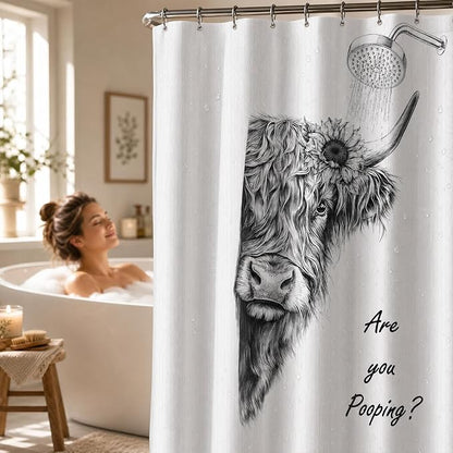 Funny Cow Shower Curtain, Fun Highland Cow Farmhouse Bath Curtain | 72x72 Inches, Waterproof Polyester Fabric, Cute Western Cattle Bathroom Decor for Home Decorations, Includes 12 Hooks