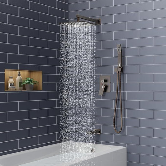 SR SUN RISE 12 Inches All Metal Bathtub Faucet Set Shower System with Tub Spout Square Rain Shower Head and Handheld Combo Shower Fixtues, Modern Valve and Trim Kit, Oil-Rubbed Bronze