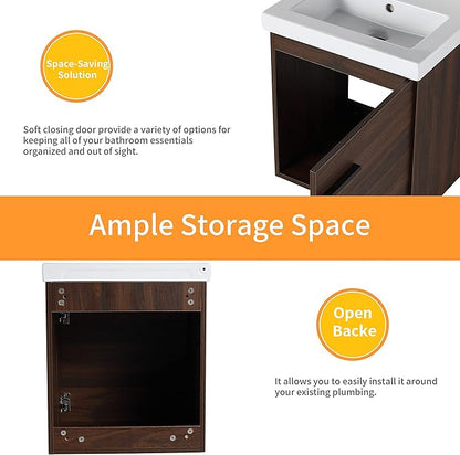 18 Inch Bathroom Vanity with Sink,Wall Mounted Bathroom Vanity Sink Combo with Soft Close Door for Small Space,Modern Floating Bathroom Vanity with Top Basin &Brown Storage Cabinet