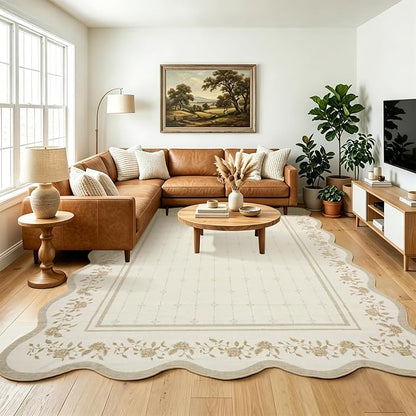 Garvee Washable Rugs for Living Room 8x10 Area Rugs Scalloped Rug Ivory | Modern Bordered Non Slip Large Kids Bedroom Carpet Indoor Stain Resistant Floor Cover for Bedroom Dining Room Office Nursery