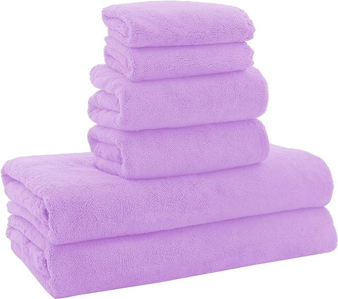 MOONQUEEN Ultra Soft Towel Set-Quick Drying - 2 Bath Towels 2 Hand Towels 2 Washcloths-Microfiber Coral Velvet Highly Absorbent Towel for Bath Fitness,Bathroom,Sports,Yoga, Travel(Purple, 6 Pcs)