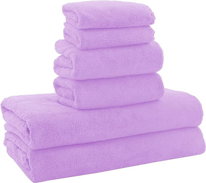 MOONQUEEN Ultra Soft Towel Set-Quick Drying - 2 Bath Towels 2 Hand Towels 2 Washcloths-Microfiber Coral Velvet Highly Absorbent Towel for Bath Fitness,Bathroom,Sports,Yoga, Travel(Purple, 6 Pcs)