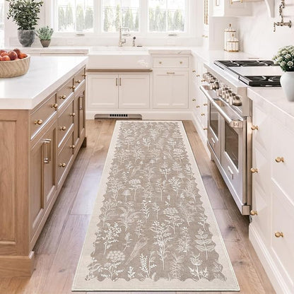 GarveeHome Washable 2x6 Runner Rugs for Bathroom Floral Kitchen Rug Neutral Scalloped Carpet, Non-Slip Hallway Rug Stain Resistant Modern Low-Pile Carpet for ‎Laundry Bedside Entryway(2x6 ft,Taupe)