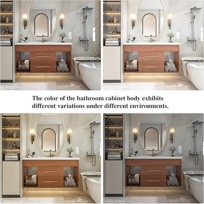 36 inch Modern Floating Bathroom Vanity with Sink, Wall Mounted Solid Wood Bathroom Cabinet with Ceramic Sink, 2 Soft Closing Drawers & Open Storage Shelves, Bronze Metal Handle, Walnut