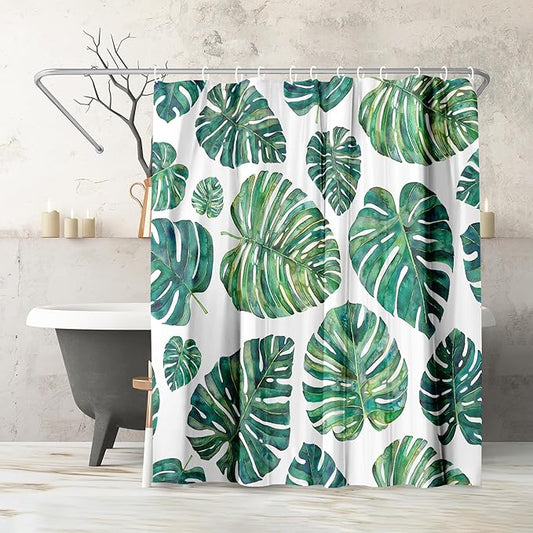 Americanflat 71x74 Botanical Shower Curtain - Water-Resistant Long Shower Curtain with Durable Metal Grommets and 12 Hooks - 100% Polyester - Ivory and Green Bathroom Curtains