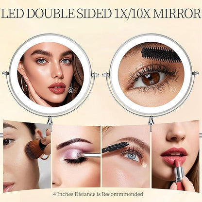 Rocollos Rechargeable Wall Mounted Lighted Makeup Mirror Chrome, 8 Inch Double-Sided LED Vanity Mirror 1X/10X Magnification,3 Color Lights Touch Screen Dimmable 360°Swivel 13 Inch Extendable
