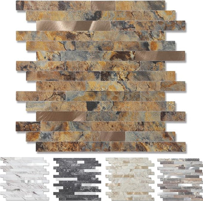 Yipscazo Peel and Stick Stone Metal Backsplash, Stick on Tiles for Backsplash Kitchen (Brown Stone Rock, 5-Pack)