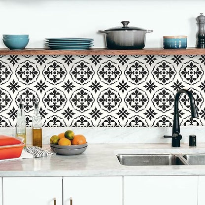 MORCART Peel and Stick Floor Tile, Self-Adhesive DIY Vinyl Flooring, Removable and Waterproof Tile Sticker for Bathroom, Kitchen, Wall, Fireplace (20PCS,7.87" x 7.87", Black Retro Design)