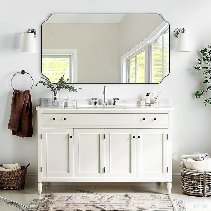 30"x55" Large Bathroom Mirror, Chrome Scalloped Mirror for Wall, Full Length Wall Mirror with Unique Notched Corner Design, Hangs Vertically or Horizontally