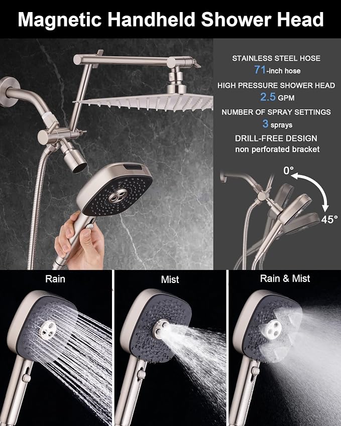 10" Rainfall Shower Head with Handheld Combo, High Pressure Dual Showerhead with Square Rain& Magnetic Hand Sprayer, 15" Adjustable Metal Extension Arm (Brushed Nickel)