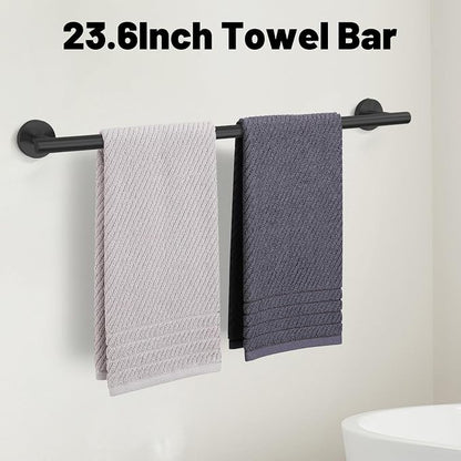 5 Pieces Matte Black Bathroom Hardware Accessories Set SUS304 Stainless Steel Black Towel Bar Holder Set, 23.6Inch Towel Racks for Bathroom, Robe Towel Hooks, Toilet Paper Holder Wall Mounted