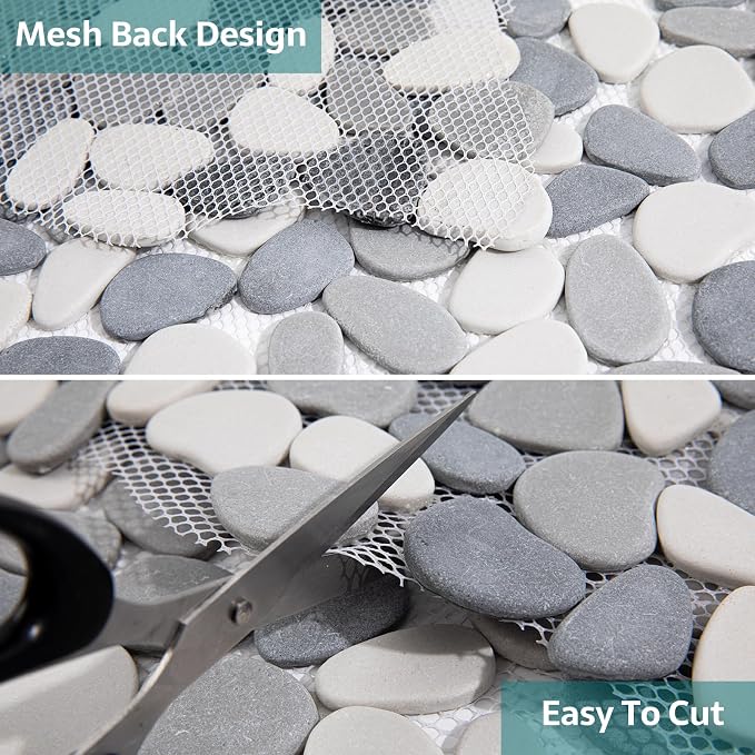 Pebble Tile, Grey with White Pebble Tiles for Shower Floor Kitchen Backsplash Bathroom Wall and Floor Tile, 5 Sheets
