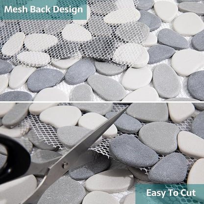 Pebble Tile, Grey with White Pebble Tiles for Shower Floor Kitchen Backsplash Bathroom Wall and Floor Tile, 5 Sheets