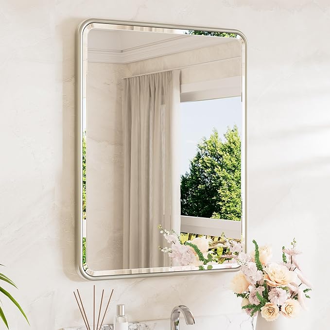 Brushed Nickel Mirror for Bathroom 22 x 30 Beveled Edge Tempered Glass, Rounded Corner Rectangle Bathroom Mirror for Over Sink for Modern Bathroom, Living Room, Bedroom, Entryway