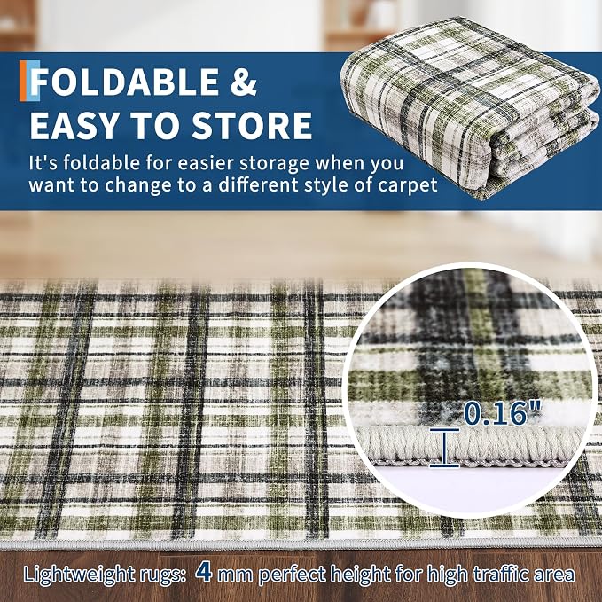 2x8 Runner Rug Bathroom Rugs Non Slip Machine Washable Hallway Rug Modern Soft Non-Shedding Kitchen Runners for Bathroom Bedroom Entryway Nursery, Green&Taupe