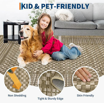 Modern Rug 8x10 Area Rugs for Living Room Washable Bedroom Rug Geometric Checkered Large Area Rug Soft Non Slip Throw Rugs Low Pile Stain Resistant Carpet for Office Dining Room 8'x10' Brown