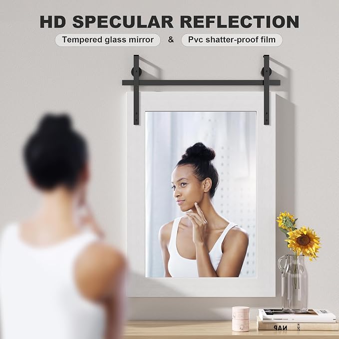 Hasipu Farmhouse Bathroom Mirror, 24"x36" Rustic Wood Framed Wall Mounted Mirror, White Vintage Vanity Mirror Barn Door Style Decrative Mirrors
