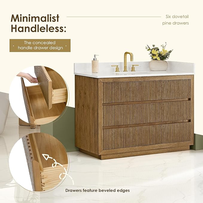 ALTAIR 48 Inch Bathroom Vanity with Sink Single Vanities Brown Pedestal Large Storge Cabinet with Backsplash Sidesplash Ceramic Countertop Mordern Pre-Assembled Bath Fixtures