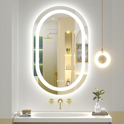 OKPAL 20x32 Oval Lighted Bathroom Mirror, Oval Lighted Vanity Mirror, LED Bathroom Vanity Mirror for Wall, Anti-Fog, Shatter-Proof, Dimmable, Memory, 3 Colors (Front Lights + Backlit)