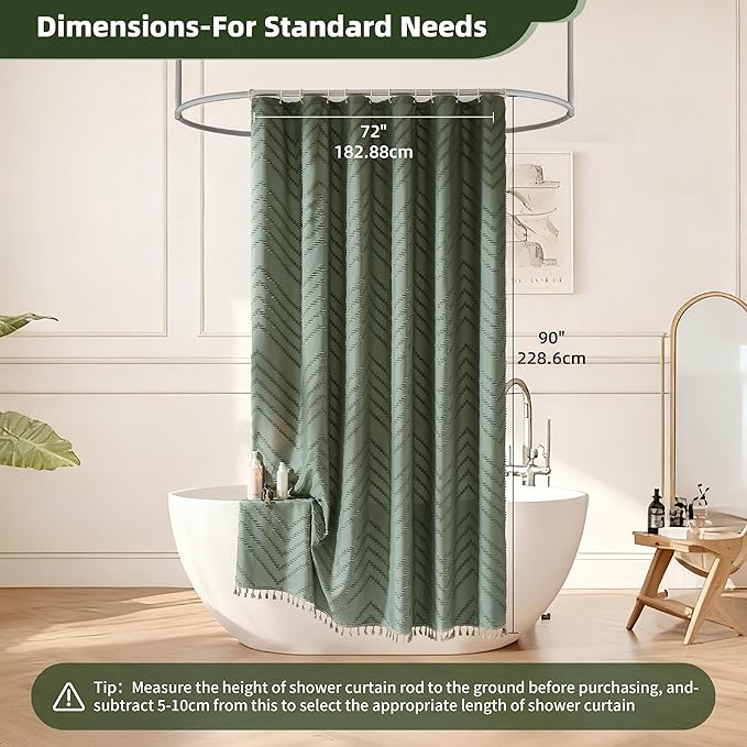 Extra Long Sage Green Shower Curtain with Tassel, Woven Fabric 90 in, Tufted Chevron Striped, 72 x 90, Modern Chic Textured Minimalist Bathroom