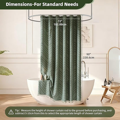 Extra Long Sage Green Shower Curtain with Tassel, Woven Fabric 90 in, Tufted Chevron Striped, 72 x 90, Modern Chic Textured Minimalist Bathroom