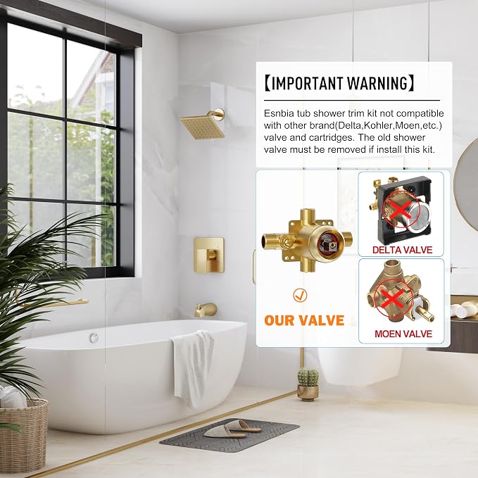 Esnbia Shower Tub Kit, Tub and Shower Faucet Set（Valve Included) with 6-Inch Rain Shower Head and Tub Spout, Single-Handle Tub and Shower Trim Kit,Brushed Gold | Complete tub and shower trim kit with 6-inch rainfall head, single-handle control, tub spo...