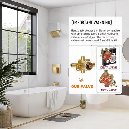 Esnbia Shower Tub Kit, Tub and Shower Faucet Set（Valve Included) with 6-Inch Rain Shower Head and Tub Spout, Single-Handle Tub and Shower Trim Kit,Brushed Gold | Complete tub and shower trim kit with 6-inch rainfall head, single-handle control, tub spo...