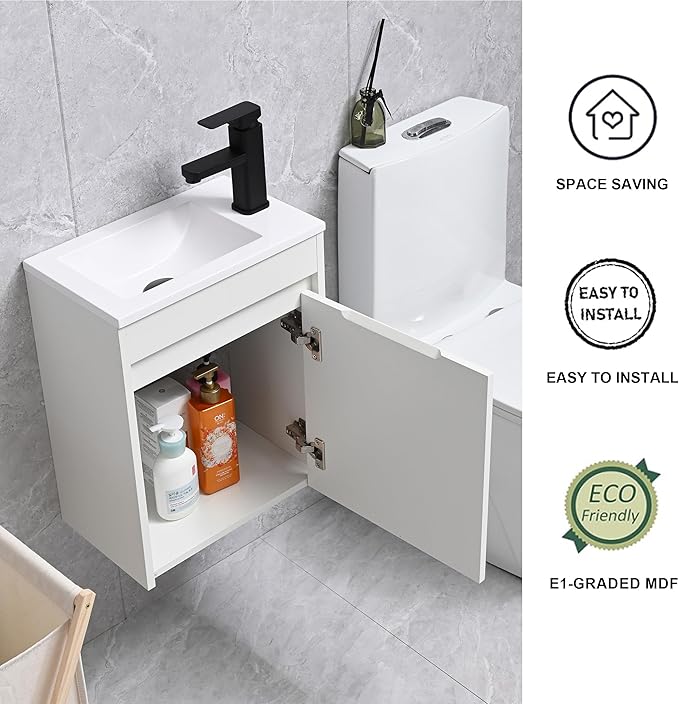 16" Bathroom Vanity Sink Combo for Small Space, Wall Mounted Bathroom Cabinet Set with White Resin Basin Sink Top Black Faucet Pop Up Drain White