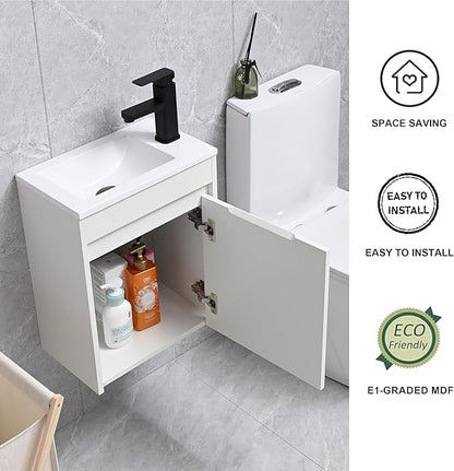 16" Bathroom Vanity Sink Combo for Small Space, Wall Mounted Bathroom Cabinet Set with White Resin Basin Sink Top Black Faucet Pop Up Drain White