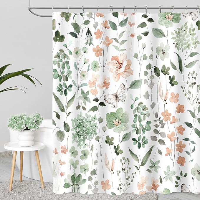 Long Shower Curtain 72 x 78 Inch, Tall Sage Green Floral Shower Curtain for Bathroom, Watercolor Flower Butterfly Fabric Shower Curtain Set with Hooks