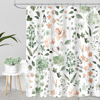 Long Shower Curtain 72 x 78 Inch, Tall Sage Green Floral Shower Curtain for Bathroom, Watercolor Flower Butterfly Fabric Shower Curtain Set with Hooks