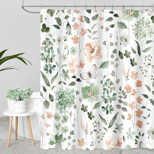 Cute Floral Shower Curtain, Sage Green Flower Fabric Shower Curtains for Bathroom, Spring Summer Wildflower Butterfly Cloth Shower Curtain Set with Hooks, 72x72