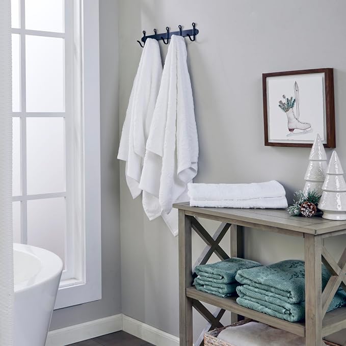 SKL Home Christmas/Winter Subtle Snowflakes Hand Towel Set-2pc, White | 100% Cotton. 500 GSM. Soft & absorbent. Textured jacquard pattern. Great for use in the bathroom, kitchen or bar & gifting.