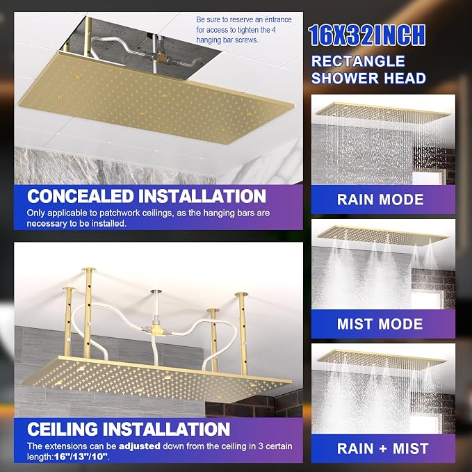 2 Modes Luxury High Pressure Rain Shower Head, 16"x32" Super Large Ceiling Full Body Shower Head with Silicone Nozzles Rectangle Mist Showerhead, Brushed Gold Finish
