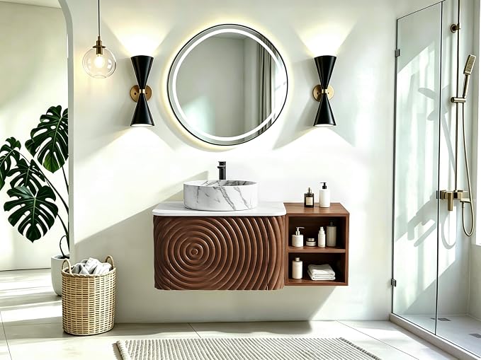 36" Floating Bathroom Vanity with Sink, Mid-Century Wall Mounted Bathroom Vanity Cabinet with Wood Waved Decor,Marble Ceramic Basin and Sintered Stone Top, Soft Close Drawer, Side Open Cube