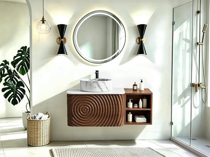 36" Floating Bathroom Vanity with Sink, Mid-Century Wall Mounted Bathroom Vanity Cabinet with Wood Waved Decor,Marble Ceramic Basin and Sintered Stone Top, Soft Close Drawer, Side Open Cube