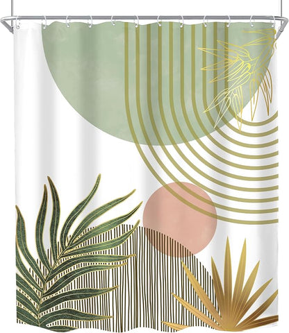 Mid Century Boho Abstract Green Modern Red Bathroom Shower Curtain Set | 60Wx72H Sun Arch design, waterproof HD print with fast-drying fabric and 12 hooks.