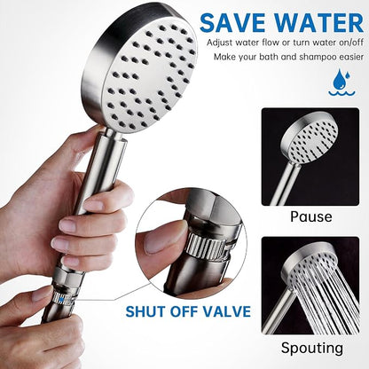 G-Promise All Metal Handheld Shower Head with Shut Off Valve & Long Hose | Built to Last, Water-Saving On/Off Pause Valve, Solid Brass Bracket Holder, 70" to 75" Flexible Stainless Steel Hose