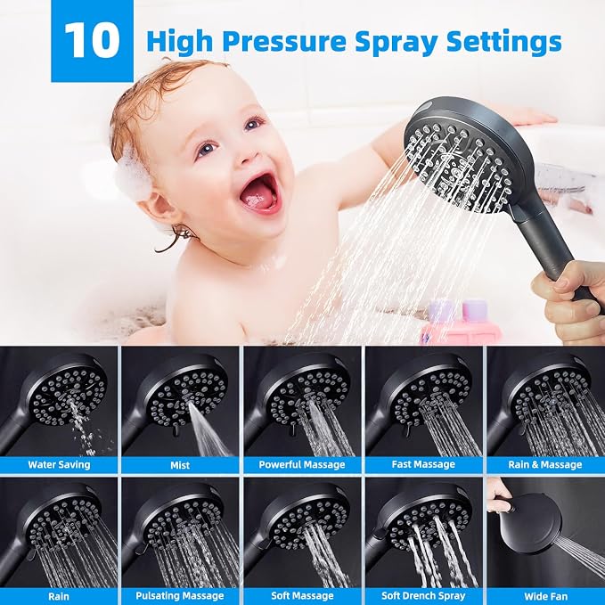 Hibbent 10" Dual Filtered Shower Head, 10-spray Handheld, Oil-Rubbed Bronze | All Metal High Pressure Rainfall Shower Head Combo with Filter, 16" Extension Arm, 3-way Diverter, 71" Hose & Shower Holder