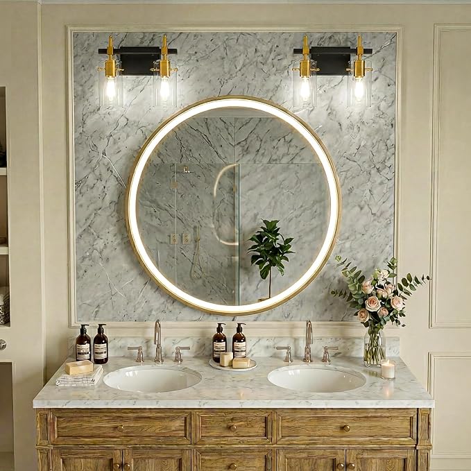 SOLFART Vintage Vanity Light Fixtures Wall Light for Bathroom Over Mirror Light with Glass Shade Light Fixtures (2 Lights-Exclude Bulb)