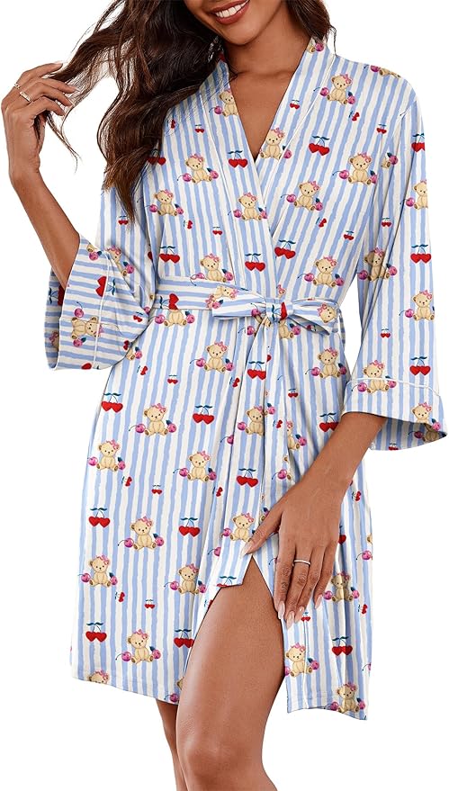 Ekouaer Women Kimono Robes Knee Length Knit Bathrobe Lightweight Soft Sleepwear V-neck Casual Ladies Loungewear
