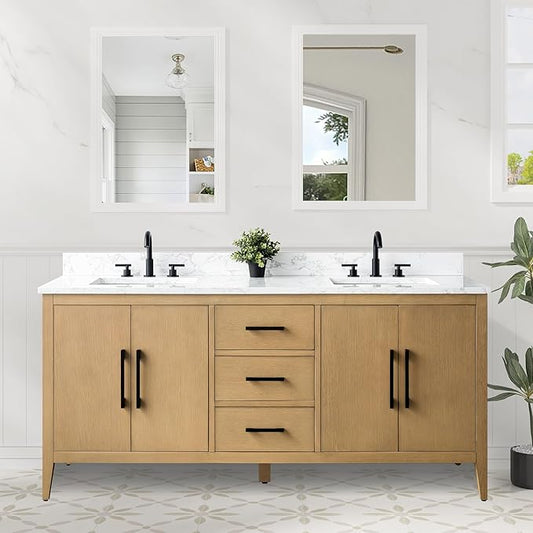 HomeBeyond 72 Inch Bathroom Vanity with Sink & Ceramic Top, Double Vanity Cabinet with Basin, Soft-Closing Doors & Matte Black Hardware, Natural Oak
